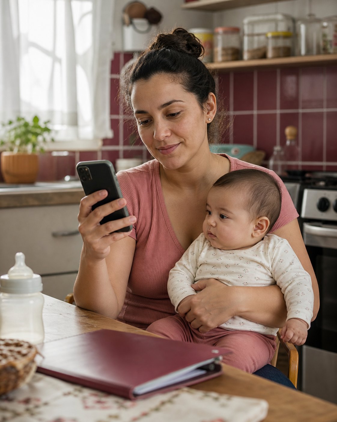 Mãe recebendo orientação pelo celular enquanto cuida do bebê